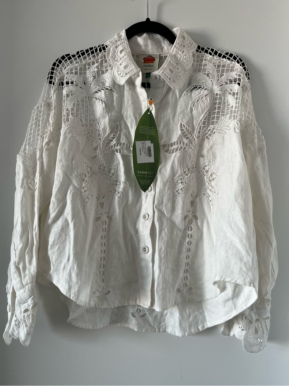 FARM Rio White Embroidered Lace-Detail Button-Up Top with tags